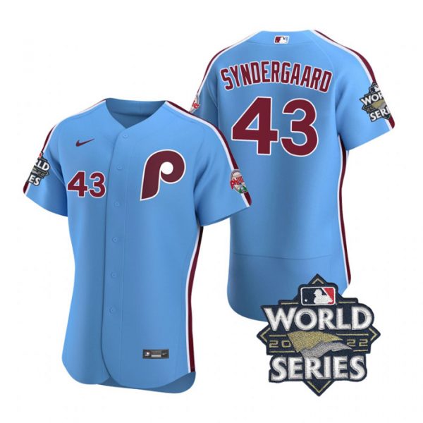 Phillies 43 Noah Syndergaard Blue Nike 2022 World Series Flexbase Jersey